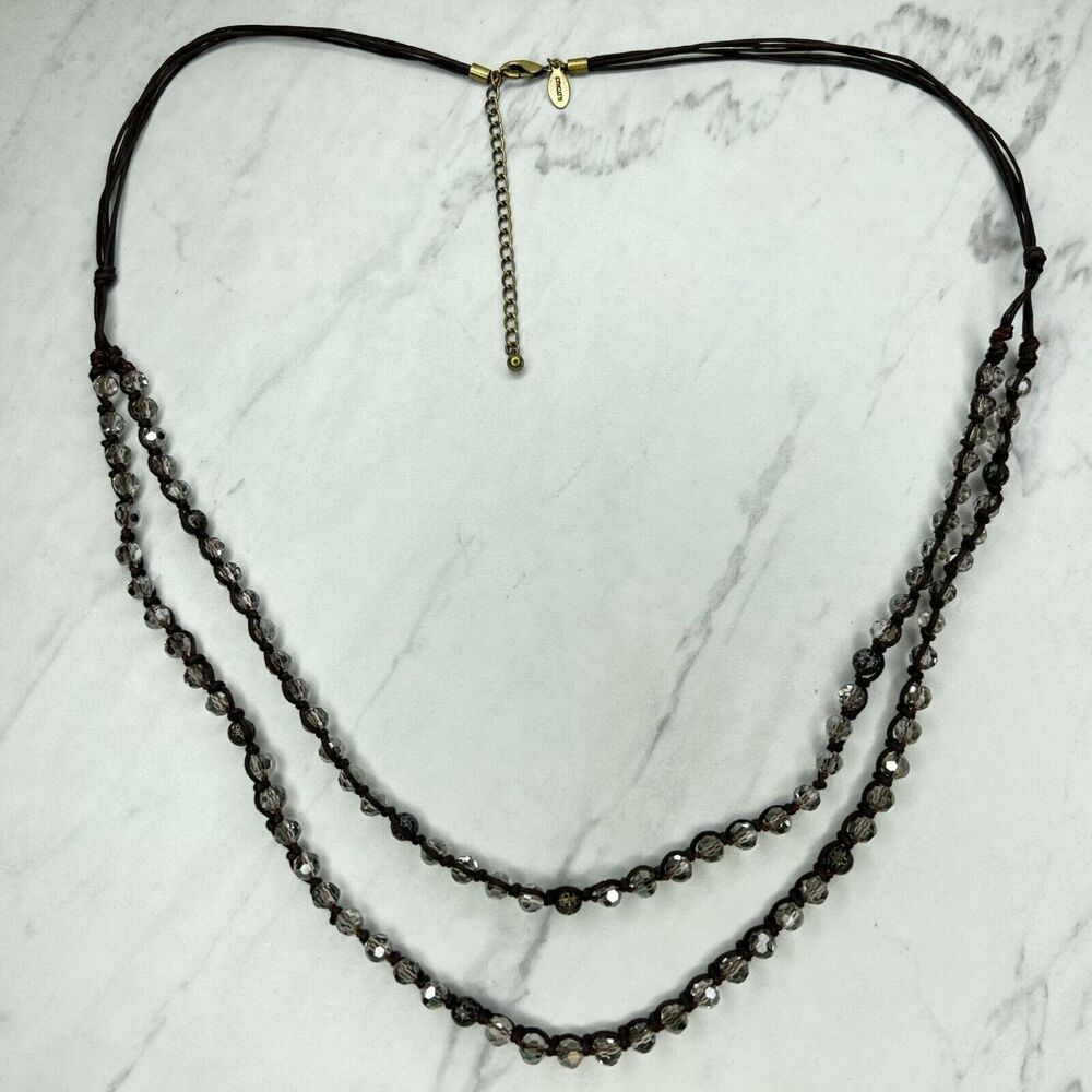 Chico's Double Strand Brown Cord Beaded Gold Tone Necklace
